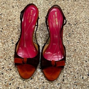Kate Spade orange and brown peep toe sling backs. Suede. 3 inch heels.
